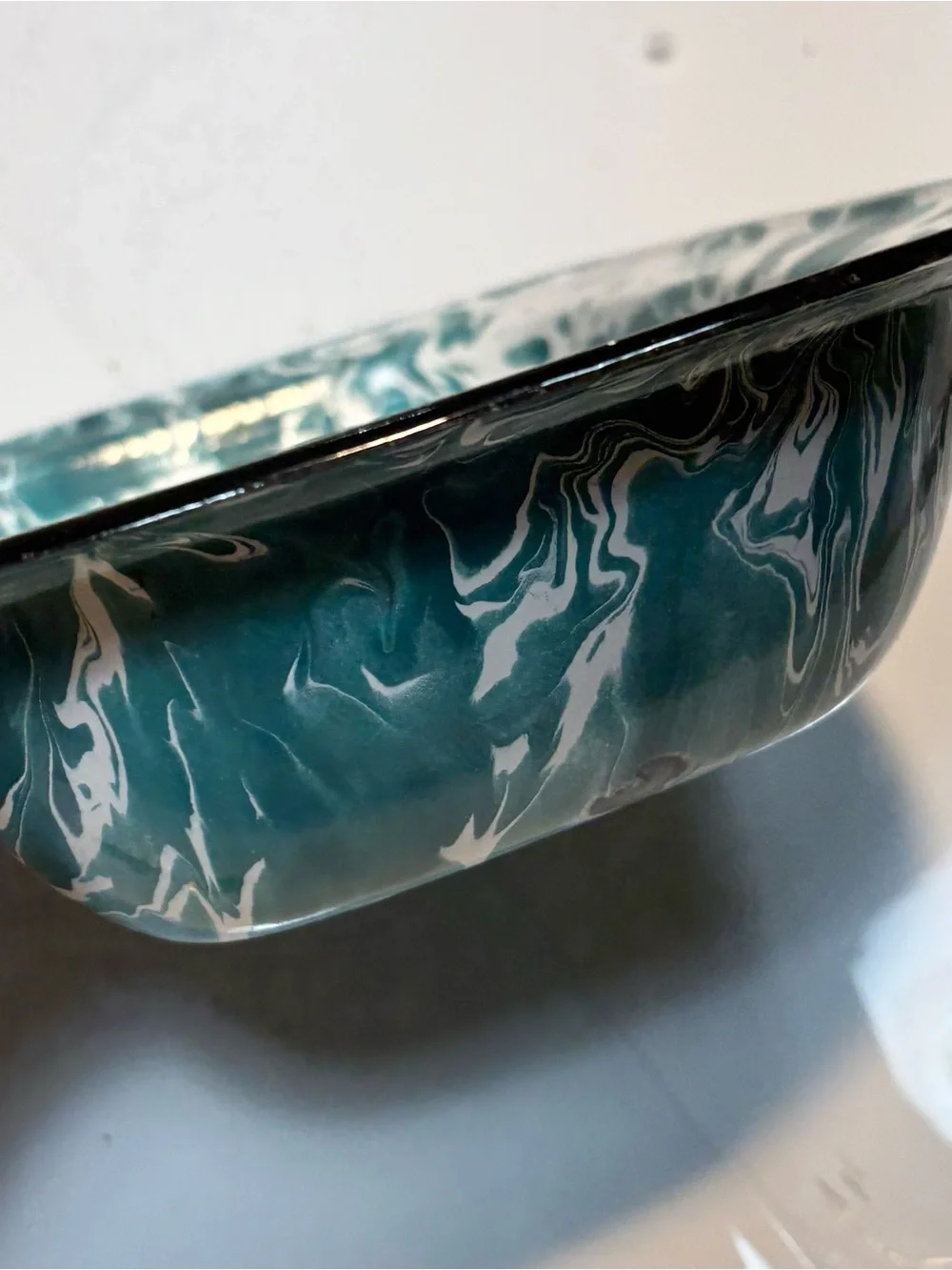 vintage rectangular enamelwear baking pan teal white swirl pattern